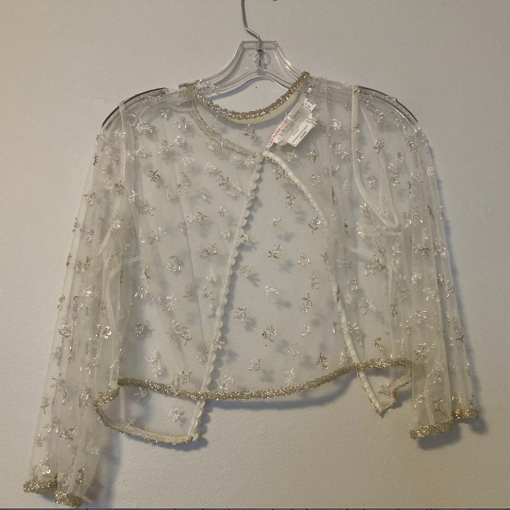 Mesh 3/4 sleeve beaded cover up